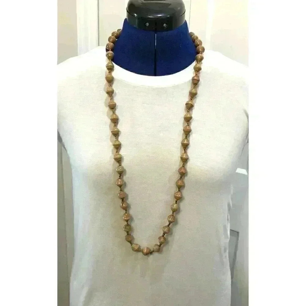 Tan Paper Bead Long Necklace Boho Wood Grain Style Gold Spacers 39 Inch